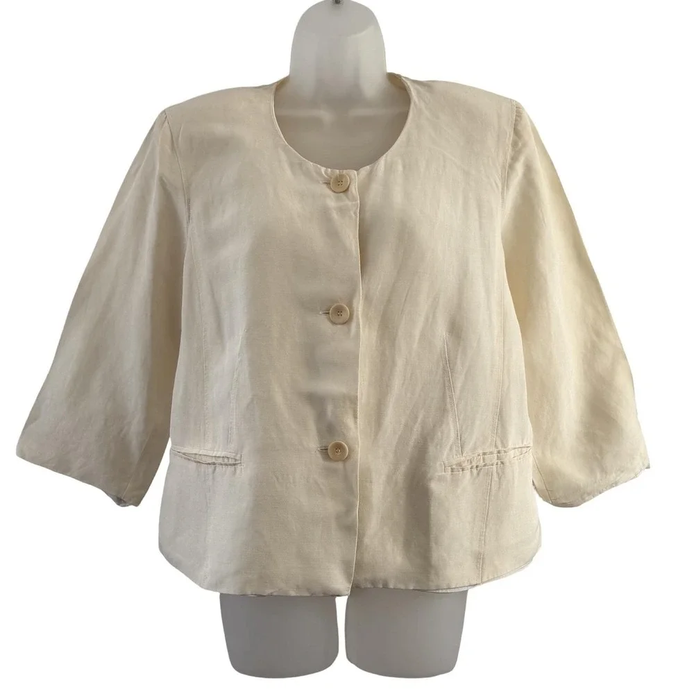 Vintage Max Mara Jacket Womens Large White Linen Silk Cropped Made‎ Italy Blazer